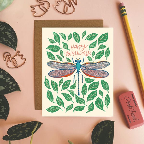 Dragonfly Birthday Card, Insect Stationery, Nature Lover Bday Card, Hand Illustrated Card, Blank Inside, Happy Birthday Notecard, Bug Card