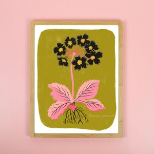 Floral Wall Art, Primrose Flower Print, Botanical Illustration, Living Room Wall Art, Nature Lover Gift, Gift for Her, Pink Bedroom Decor Olive