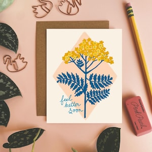 Voel je snel beter kaart, bloemenwenskaart, beterschapskaart, ik denk aan je, schattig kaartje, illustratie duizendblad, vriendkaart