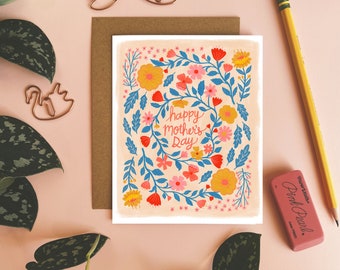 Happy Mother's Day Card, Folk Florals Greeting Card, Blank Inside Notecard, Cute Cards for Mom, Hand Illustrated Cards, Grandma Card