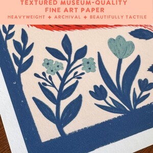May include: A textured museum-quality fine art paper print featuring a botanical illustration with dark blue leaves and light blue flowers on a cream background. The text reads: TEXTURED MUSEUM-QUALITY FINE ART PAPER HEAVYWEIGHT ARCHIVAL BEAUTIFULLY TACTILE.