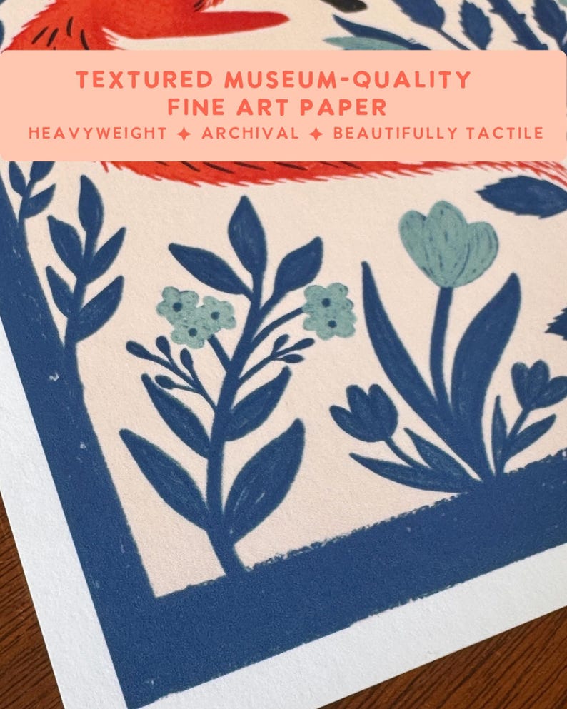 May include: A textured museum-quality fine art paper print featuring a botanical illustration with dark blue leaves and light blue flowers on a cream background. The text reads: TEXTURED MUSEUM-QUALITY FINE ART PAPER HEAVYWEIGHT ARCHIVAL BEAUTIFULLY TACTILE.