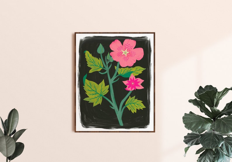 Rosa Blumenwandkunst, Kinderzimmerdruck, mutige Blumenkunstdruck, Schlafzimmer-Wanddekor, Boho Wandkunst, Blumenillustrationen, botanische Kunstdruck Bild 1