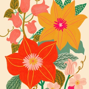 May include: A colorful floral illustration featuring a large orange flower with a pink center, a yellow flower with a pink center, and several pink bell-shaped flowers. The flowers are surrounded by green leaves.