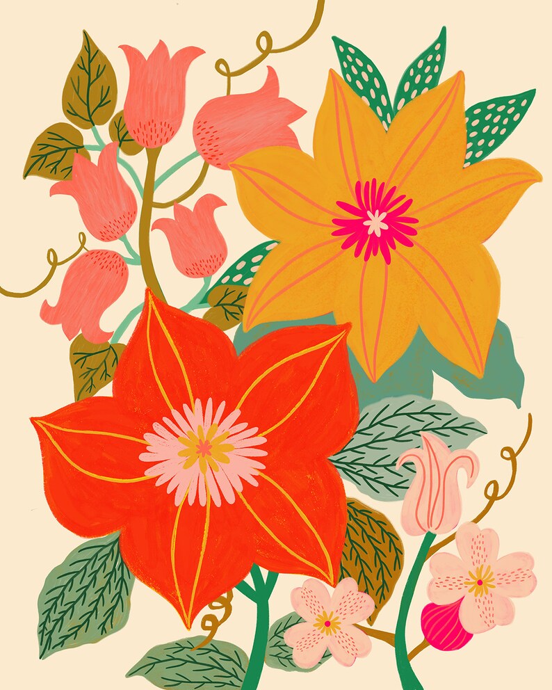 May include: A colorful floral illustration featuring a large orange flower with a pink center, a yellow flower with a pink center, and several pink bell-shaped flowers. The flowers are surrounded by green leaves.