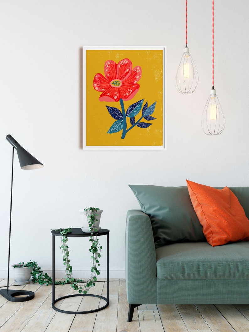 Flower Artwork, Whimsical Art, Floral Wall Art, Plant Print, Office Wall Decor, Bedroom Art, Kids Room Art, Flower Illustration, Cottagecore Golden Yellow