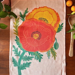 Poppy Linen Tea Towel, Floral Kitchen Cloth, Botanical Decor, Gardener Gift