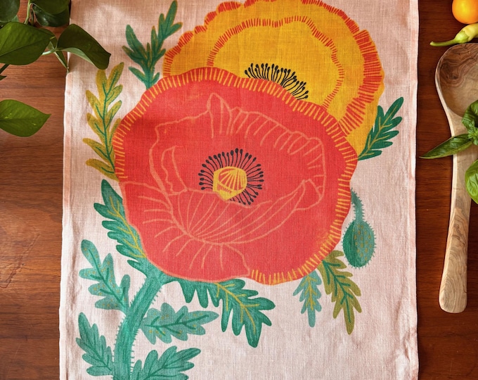Poppy Linen Tea Towel, Floral Kitchen Cloth, Botanical Decor, Gardener Gift