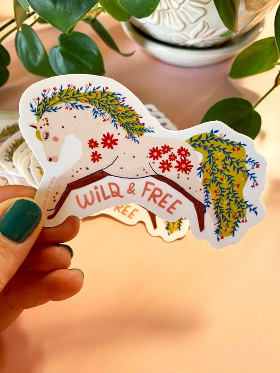 Wild and Free Horse Sticker, Hand Drawn Floral Pony Vinyl Decal