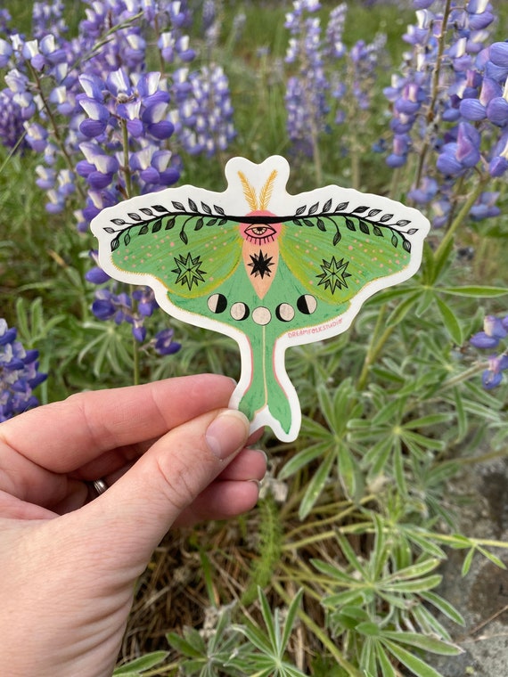 Luna Moth Sticker, Celestial Botanical Decal, Whimsical Nature Illustration