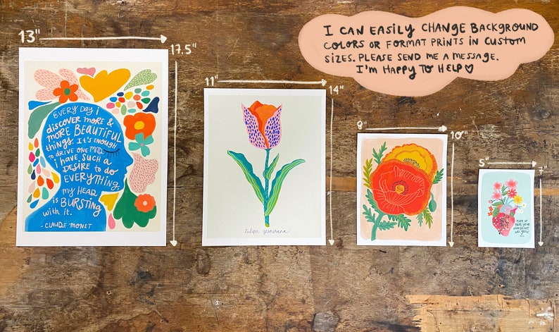 May include: Four colorful art prints with floral designs and inspirational quotes. The prints are framed and measure 13 inches by 17.5 inches, 11 inches by 14 inches, 9 inches by 10 inches, and 5 inches by 7 inches.