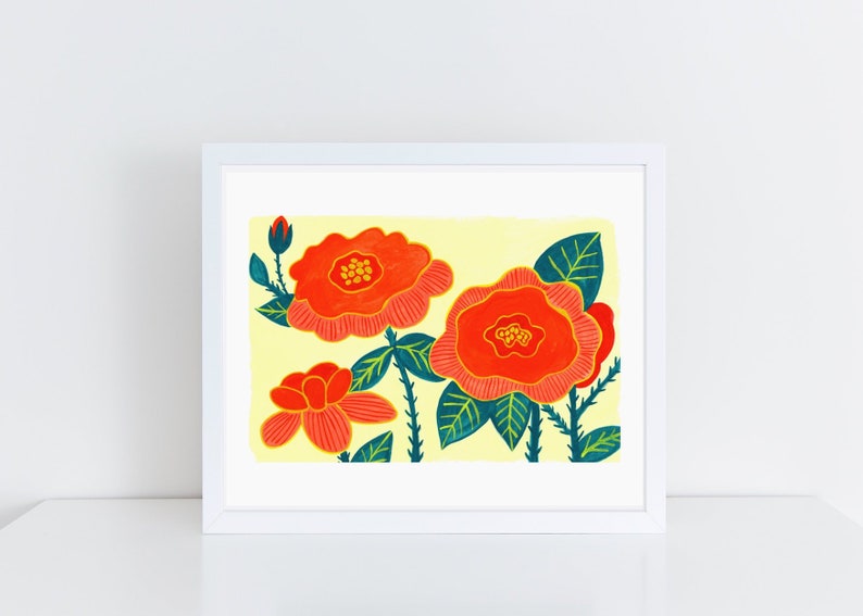 May include: A framed illustration of three red flowers with yellow centres and green leaves on a yellow background.