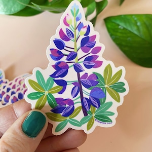 May include: A sticker featuring a purple and blue lupine flower with green leaves. The sticker has a white background and the text "Dreamfolk Studio" in purple at the bottom.