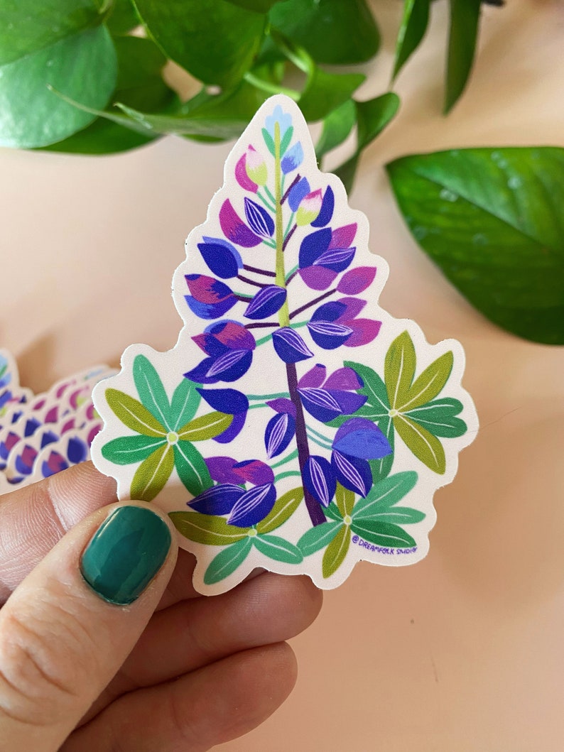 May include: A sticker featuring a purple and blue lupine flower with green leaves. The sticker has a white background and the text "Dreamfolk Studio" in purple at the bottom.