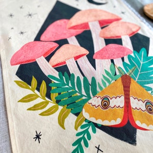 Moth Tea Towel, Witchy Gift, Mushroom Dish Towel, Boho Decor, Toadstool Kitchen Towel, Mystical Home Decor, Eclectic Kitchen Decorations