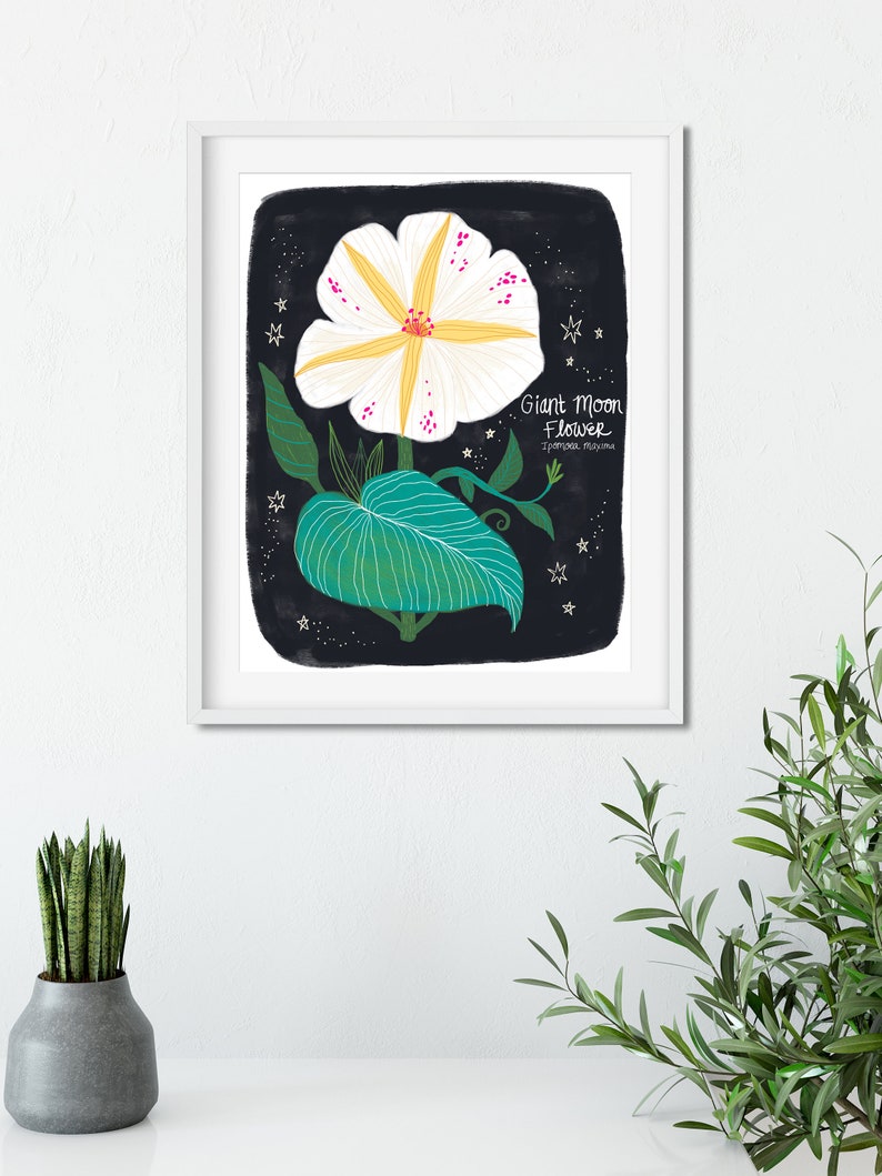 Moon Flower Print, Floral Illustration, Botanical Art Print, Floral Wall Art, White Flower Print, Living Room Wall Decor, Gift for Gardener image 2
