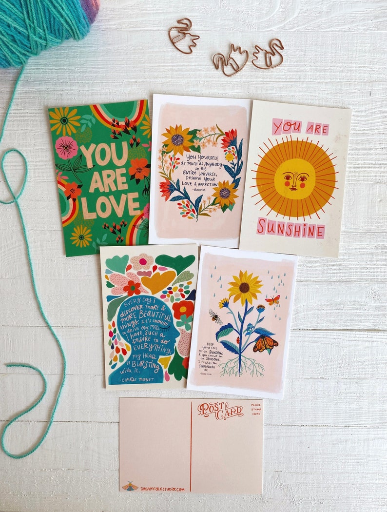 Colorful Postcard Pack, Cute Stationery Set, Unique Postcards, Friend Gift for Her, Illustrated Postcards, Happy Mail, Positivity Notecards image 1