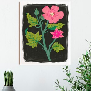 Rosa Blumenwandkunst, Kinderzimmerdruck, mutige Blumenkunstdruck, Schlafzimmer-Wanddekor, Boho Wandkunst, Blumenillustrationen, botanische Kunstdruck Bild 3