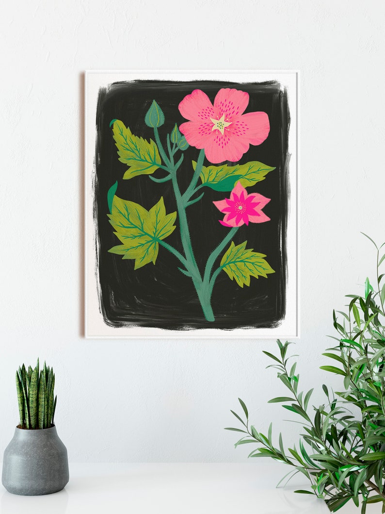Rosa Blumenwandkunst, Kinderzimmerdruck, mutige Blumenkunstdruck, Schlafzimmer-Wanddekor, Boho Wandkunst, Blumenillustrationen, botanische Kunstdruck Bild 3