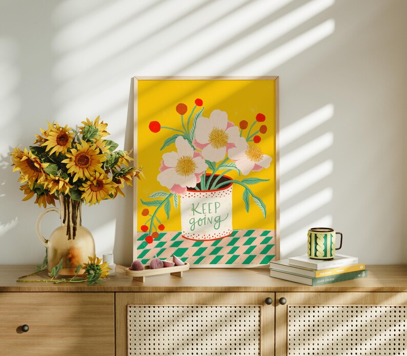 Keep Going Print, Colorful Folk Art Flowers, Inspirational Wall Decor, Encouragement Gift image 4
