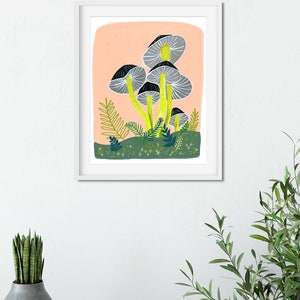 May include: A digital illustration of a cluster of gray mushrooms with yellow stems on a peach background. The mushrooms are surrounded by green foliage and white stars.