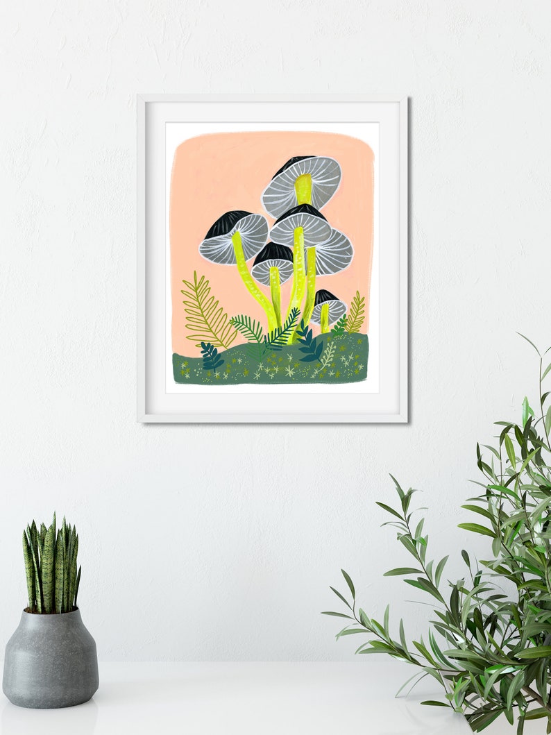 May include: A digital illustration of a cluster of gray mushrooms with yellow stems on a peach background. The mushrooms are surrounded by green foliage and white stars.