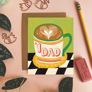 Cartão de pai número um, cartão de feliz dia dos pais, cartão de caneca de café, presente exclusivo para pai, cartão interno em branco, cartões de felicitações desenhados à mão