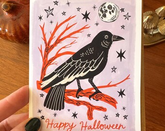 Halloween Raven Card, Spooky Crow Greeting Card, Moon and Stars Halloween Art