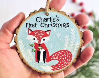 Baby's First Christmas Ornament, Personalized Gifts for Kids, Fox Ornament, Hand Painted Ornament, Custom Wood Ornament, Baby Keepsake Gift