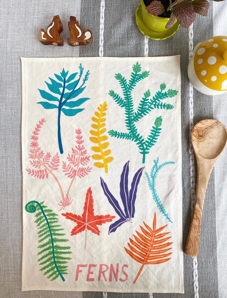 Colorful Fern Tea Towel, Nature Home Decor, Boho Kitchen Towels, Cottagecore Kitchen, Eco Friendly Gift, Plant Dish Towel, Sustainable Gift image 1