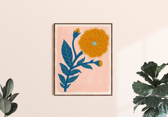 Yellow Flower Print, Colorful Flower Artwork, Boho Nursery Art, Floral Wall Decor, Gift for Her, Flower Illustration, Living Room Art Print