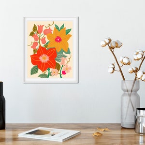 May include: A digital illustration of a floral bouquet with red, orange, yellow, and pink flowers on a cream background. The flowers are stylized and have a whimsical feel.