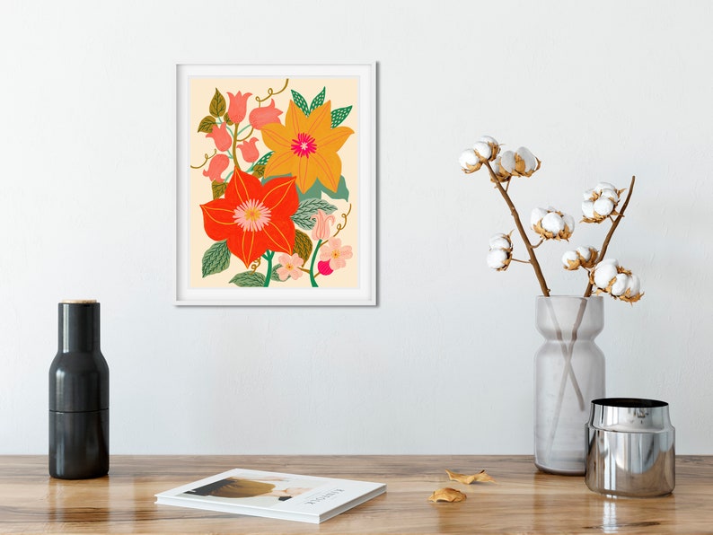May include: A digital illustration of a floral bouquet with red, orange, yellow, and pink flowers on a cream background. The flowers are stylized and have a whimsical feel.