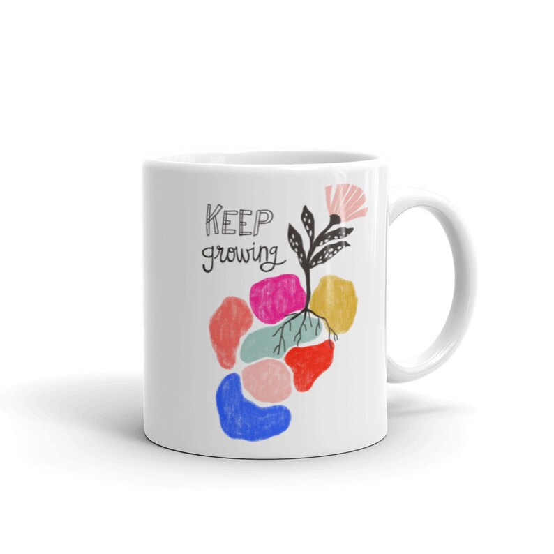 Blijf groeien koffie mok, zelfliefde mok, zelfzorg cadeau, inspirerend cadeau voor haar, mokken met spreuken, mok citaat, keramische koffie cup bloem afbeelding 4