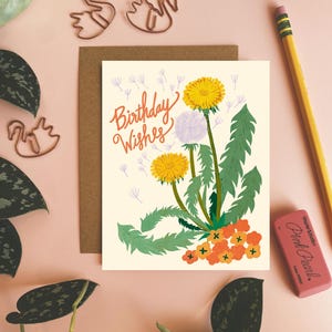 Geburtstagswunschkarte, Löwenzahn Grußkarte, Geburtstagskarte für Freund, Illustrierte Grußkarte, Blanko Karte mit Umschlag, Blumen Briefpapier
