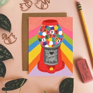 Tarjeta de feliz cumpleaños, tarjeta de máquina de chicles, interior en blanco, tarjetas de felicitación para niños, tarjeta ilustrada a mano, papelería bonita, tarjeta colorida