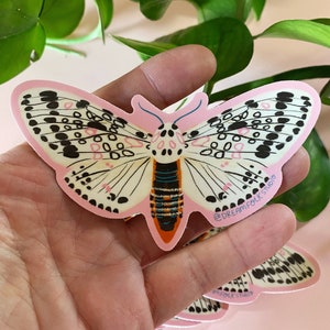 May include: A die-cut sticker featuring a moth design with a pink outline and a white body. The moth has black spots and pink accents. The sticker has the text "@DREAMFOLK STUDIO".