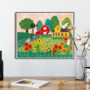 May include: A colorful illustration of a red barn and a yellow house with a windmill in a field of flowers. The scene is surrounded by green trees and a pink sky.