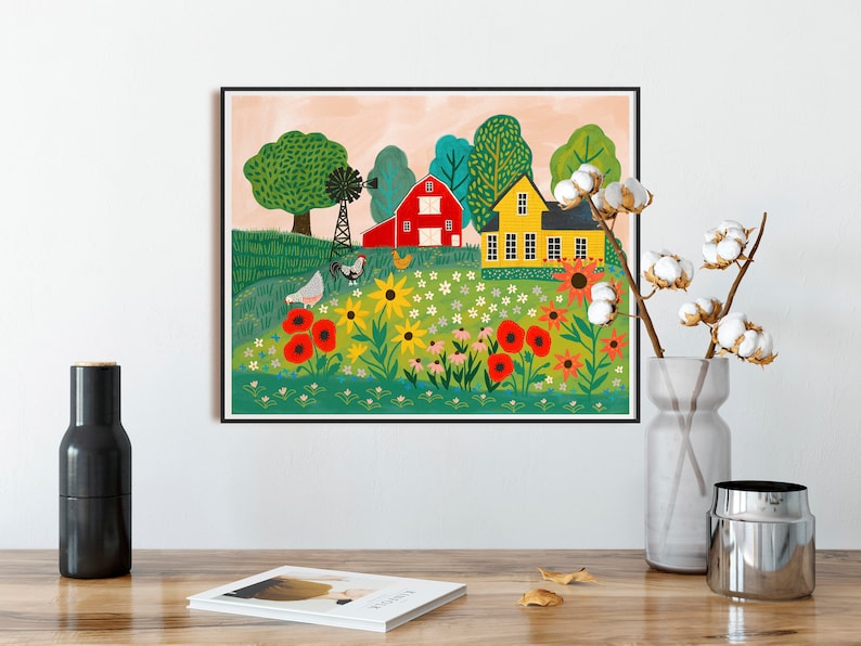 May include: A colorful illustration of a red barn and a yellow house with a windmill in a field of flowers. The scene is surrounded by green trees and a pink sky.