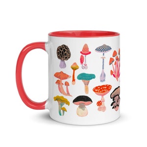 May include: White ceramic mug with a red rim. The mug features a colourful illustration of various types of mushrooms.