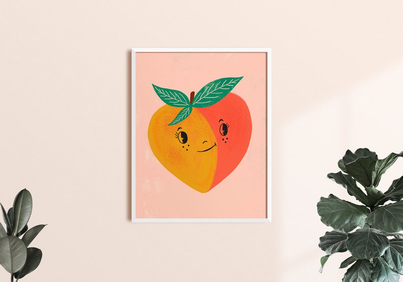 May include: A peach with a smiling face, split in half, with one side yellow and the other red. The peach has green leaves and is on a pink background.