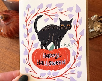 Black Cat Halloween Card, Cute Halloween Greeting Card, Pumpkin Cat Card