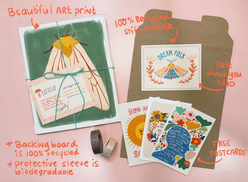 May include: A set of illustrated greeting cards featuring a moth, flowers, and inspirational text. The cards are packaged in a brown envelope with a 'Dream Folk' card inside. The set also includes free postcards.