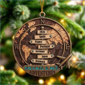 Ornamento in legno personalizzato a tema viaggio, mappa del mondo personalizzata a 2 strati, decorazione natalizia 3D a forma di globo terrestre, regalo per avventurieri del 2026