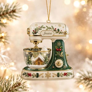 May include: A cream and dark green stand mixer Christmas ornament featuring gold accents, holly leaf and berry motifs, and a clear glass bowl containing a miniature snowy house scene. The name Jessica is printed on the front in script.
