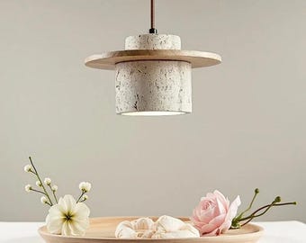 Japanese Style LED Pendant Light Stone Wood Chandelier Cream Bedside Lamp Vintage Bedroom Home Decor