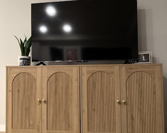 Modern TV Stand for 65 Inch TV, Mid Century Cream Entertainment Center with Fluted Doors, Tall Wood Media Console with Storage Shelves