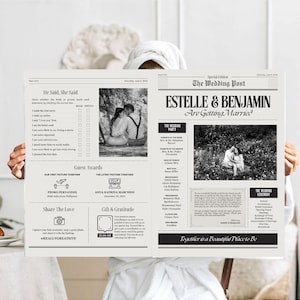 以下が含まれることがあります： 「Estelle & Benjamin Are Getting Married」という見出しのカスタムウェディング新聞。 新聞には、結婚式のパーティー、セレモニーの詳細、ゲストアワードのセクションがあります。 上部には「You choose, I create, no DIY stress」というテキストがあります。