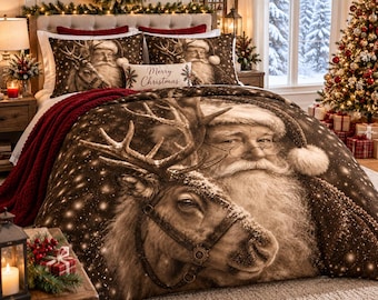 Set di biancheria da letto vintage con Babbo Natale, copripiumino natalizio, set letto con renne, decorazioni natalizie per la camera da letto, biancheria da letto rustica per Natale, federe con Babbo Natale.