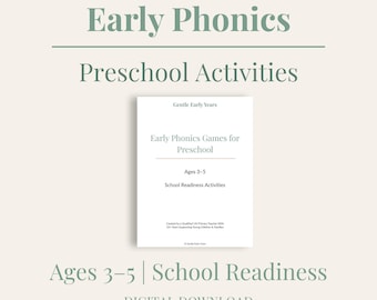 May include: A white book titled "Early Phonics Games for Preschool" with the text "Ages 3-5" and "School Readiness Activities." The book is on a light beige background with the words "Early Phonics" and "Preschool Activities" in green.